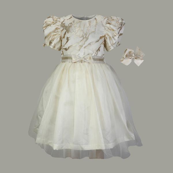 CHAMPAGNE GOLD MARBLE BALL DRESS WITH WHITE PEARL AND HAIRBOW - ruffntumblekids
