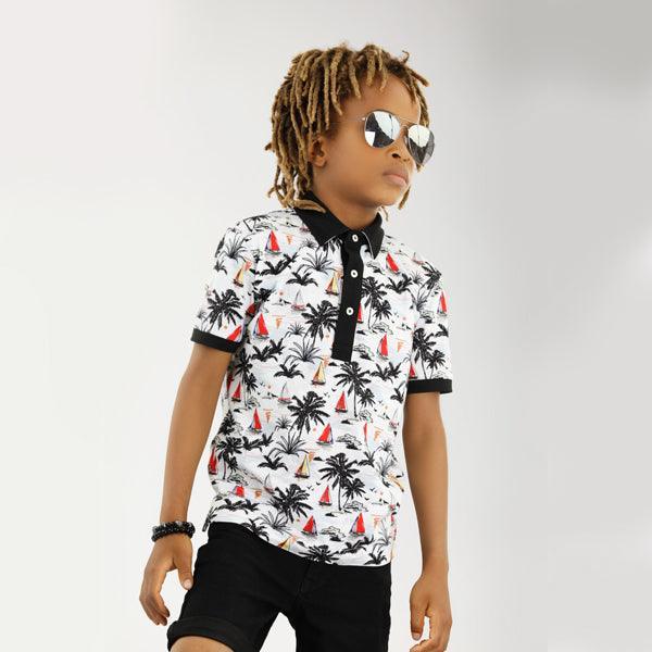 WHITE FLORAL POLO T-SHIRT FOR BOYS - ruffntumblekids