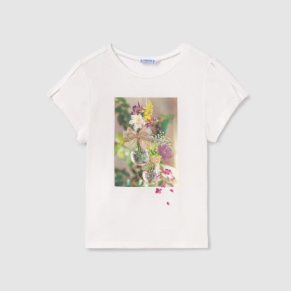 GIRLS WHITE FLORAL PRINTED SHORT SLEEVE T-SHIRT