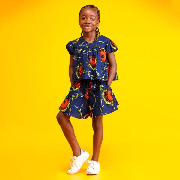 NAVY BLUE AND ORANGE V-NECK BLOUSE AND FLARE SHORT SET - ruffntumblekids