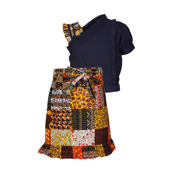 NAVY BLUE BLOUSE AND PATCH PRINT ANKARA SKIRT SET