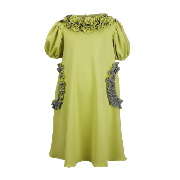 GREEN AND GREY PUFF A-LINE DRESS