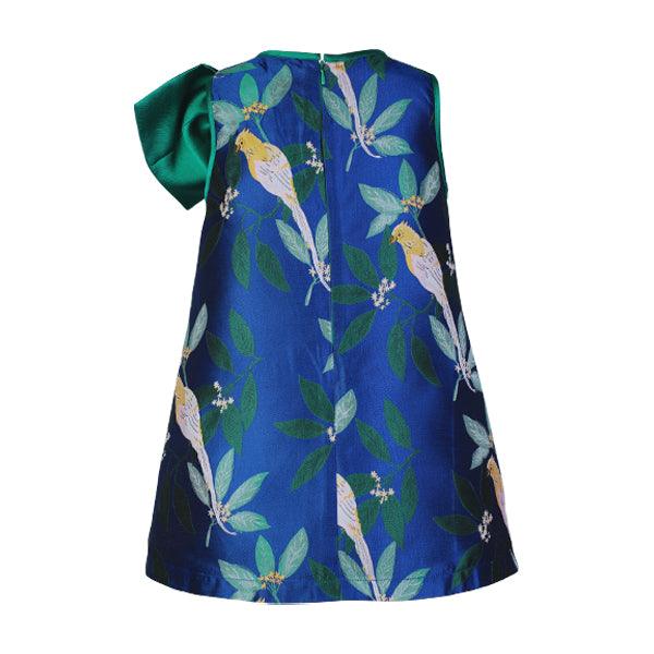 GREEN AND BLUE SLEEVELESS A-LINE DRESS WITH EXAGGERATED SHOULDER BOW - ruffntumblekids