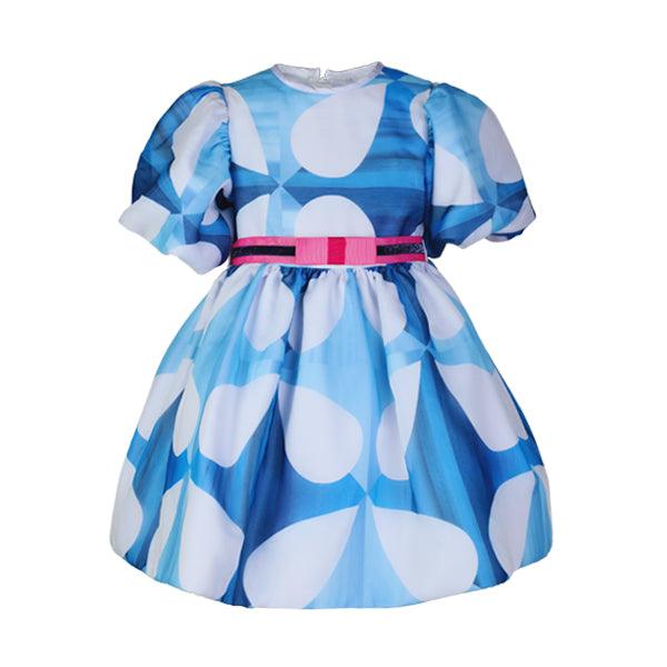 BLUE BALL DRESS WITH EXAGGERATED PUFF SLEEVE AND PINK TAPE BELT - ruffntumblekids