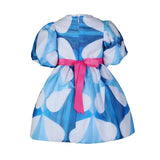 BLUE BALL DRESS WITH EXAGGERATED PUFF SLEEVE AND PINK TAPE BELT - ruffntumblekids