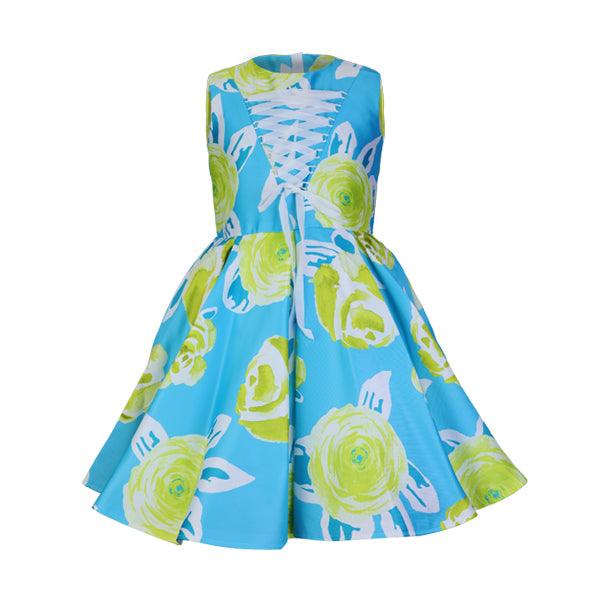 AQUA BLUE SLEEVELESS PLEATED BALL DRESS WITH CRISS-CROSS LACING - ruffntumblekids