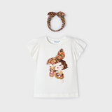 WHITE CAP SLEEVE GRAPHIC BLOUSE WITH HAIRBOW FOR GIRLS