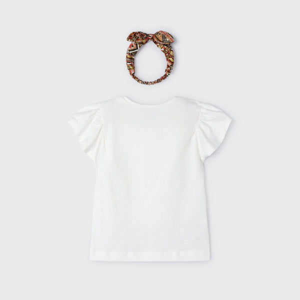 WHITE CAP SLEEVE GRAPHIC BLOUSE WITH HAIRBOW FOR GIRLS