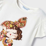 WHITE CAP SLEEVE GRAPHIC BLOUSE WITH HAIRBOW FOR GIRLS