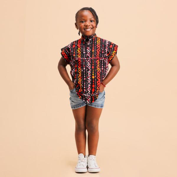 RED/BLACK KIMONO SPIRAL NEHRU COLLAR BLOUSE - ruffntumblekids