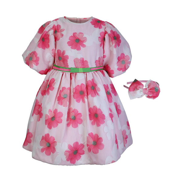 PINK AND GREEN BALL DRESS WITH EXAGGERATED PUFF SLEEVE AND HAIRBOW - ruffntumblekids