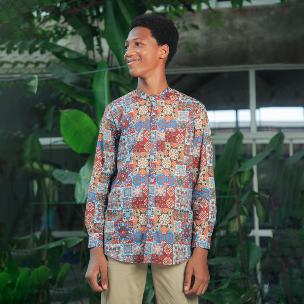 BURGUNDY AND NAVY BLUE LONG SLEEVE GEOMETRIC SHIRT
