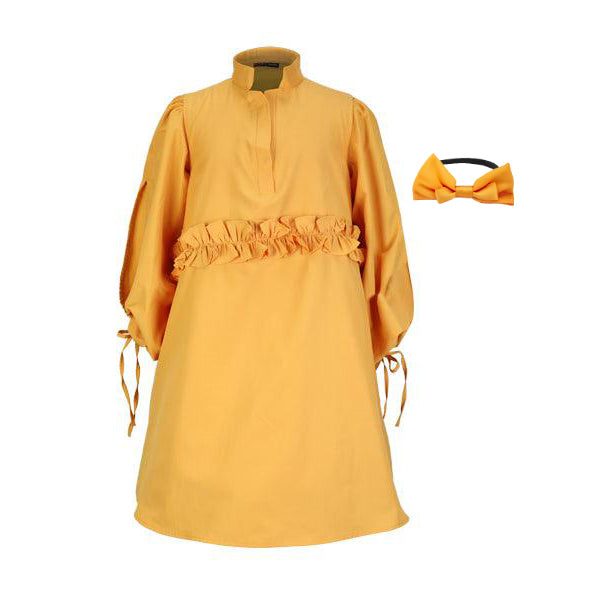 MUSTARD SWING DRESS WITH DRAWSTRING PUFFED SLEEVE WITH HAIRBOW
