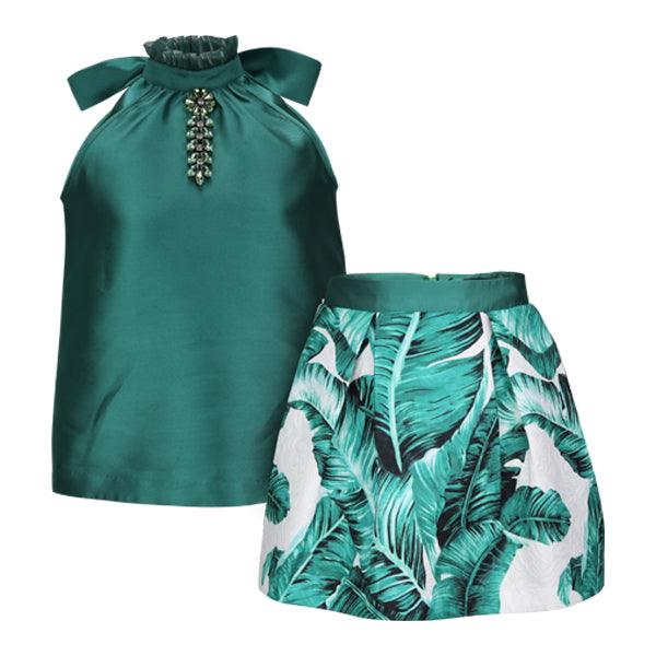 GIRLS GREEN SATIN AND DAMASK DRESS SET - ruffntumblekids