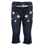 GIRLS DARK DENIM EMBROIDERED PANTS WITH SILVER BELT - ruffntumblekids