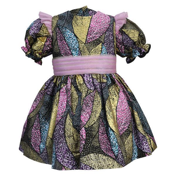 GIRLS MULTICOLOR ANKARA DRESS WITH PINK FEATHER - ruffntumblekids