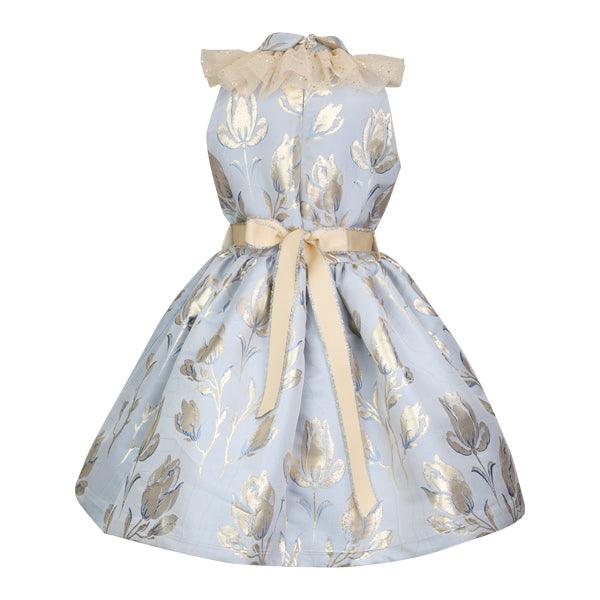 BLUE & GOLD DAMASK DRESS WITH RUFFLED BISHOP COLLAR - ruffntumblekids