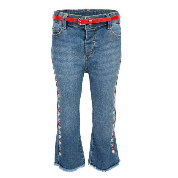 BABY GIRLS BLUE EMBROIDERED DENIM PANTS WITH BELT - ruffntumblekids